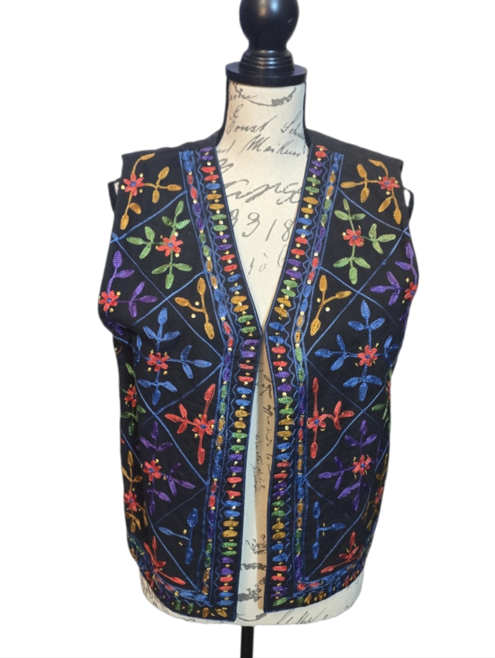 Sandy Starkmam Black Embroidered Floral Vest with Multicolor Accents Sz M